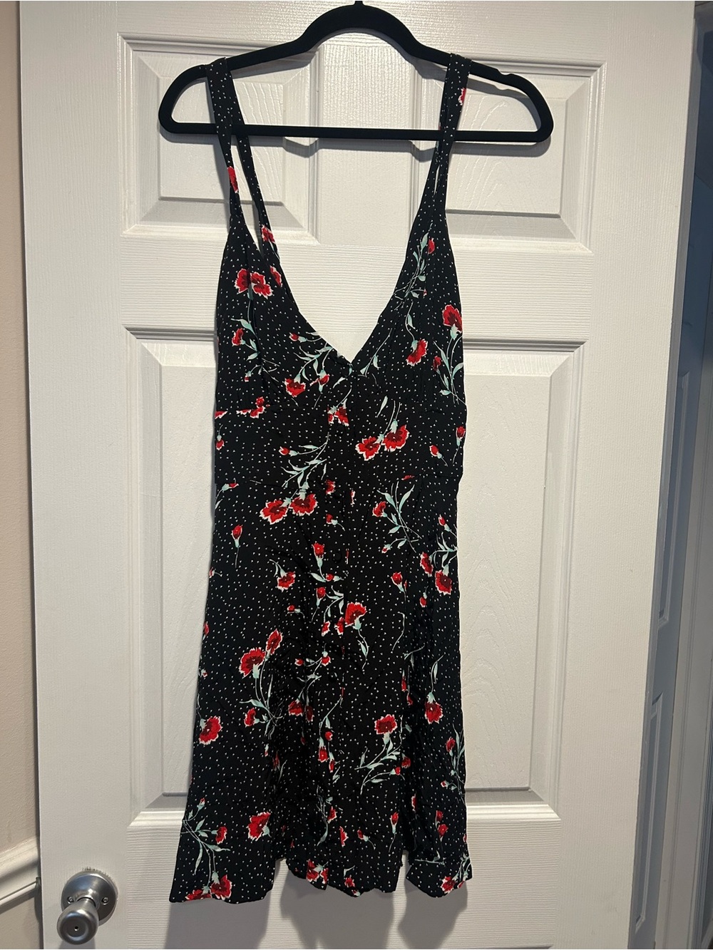 Free People Black Floral Slip Dress with Red and Green Accents